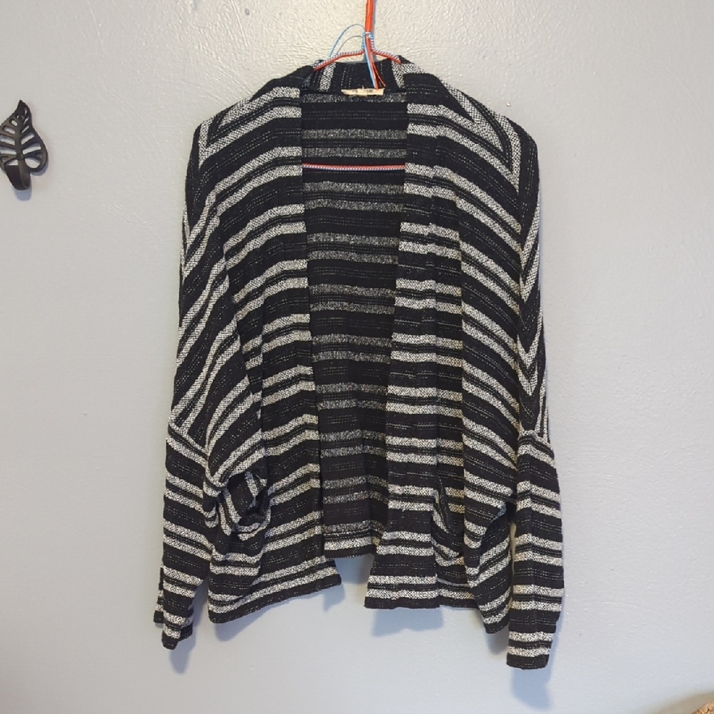 Madewell Black and White Striped Open Front Cardigan With Pockets M/L